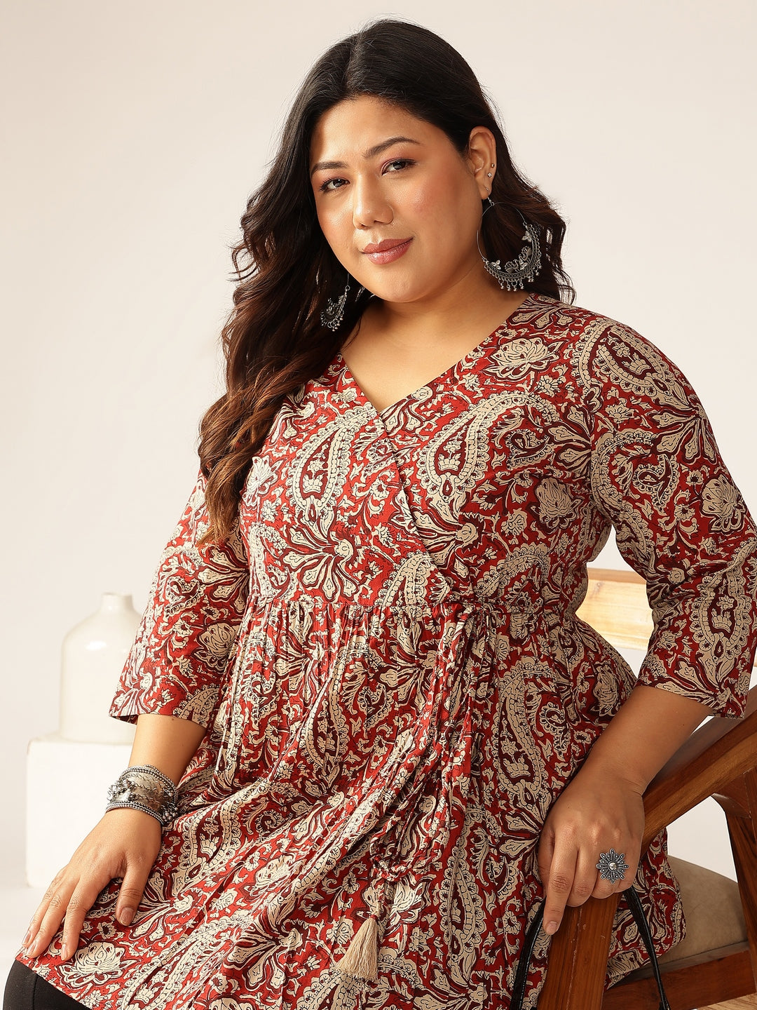 Naari By Shree Plus Size Maroon Pure Cotton Paisley Printed Peplum Tunic