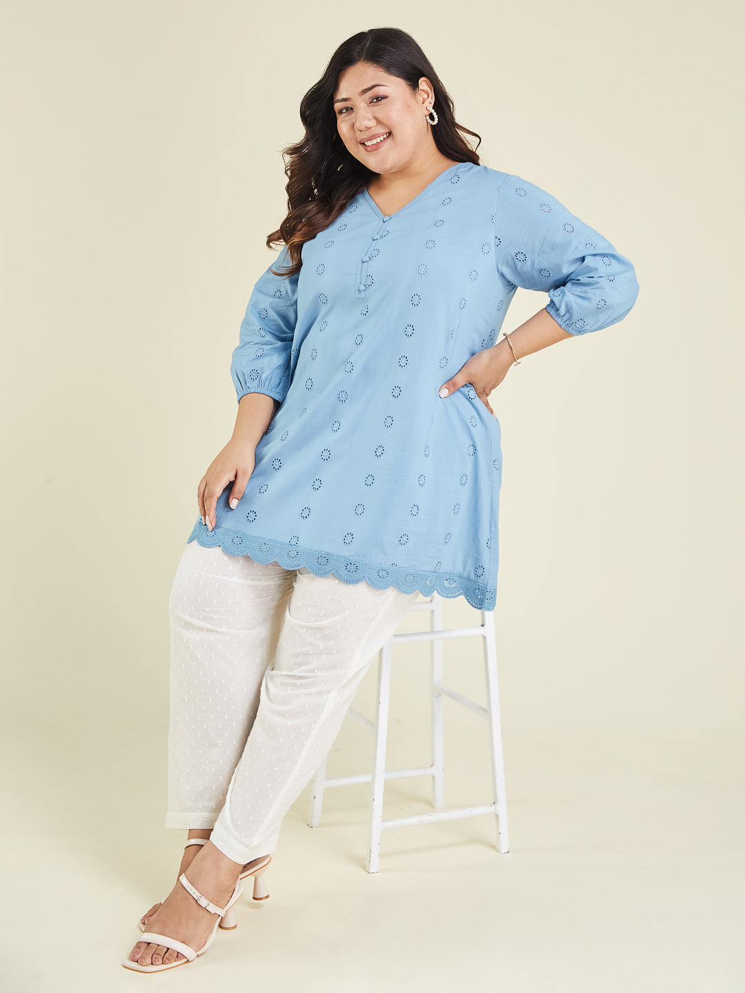 Naari By Shree Women's Plus Size Light Blue Pure Cotton Schiffli Embroidered A-line Tunic