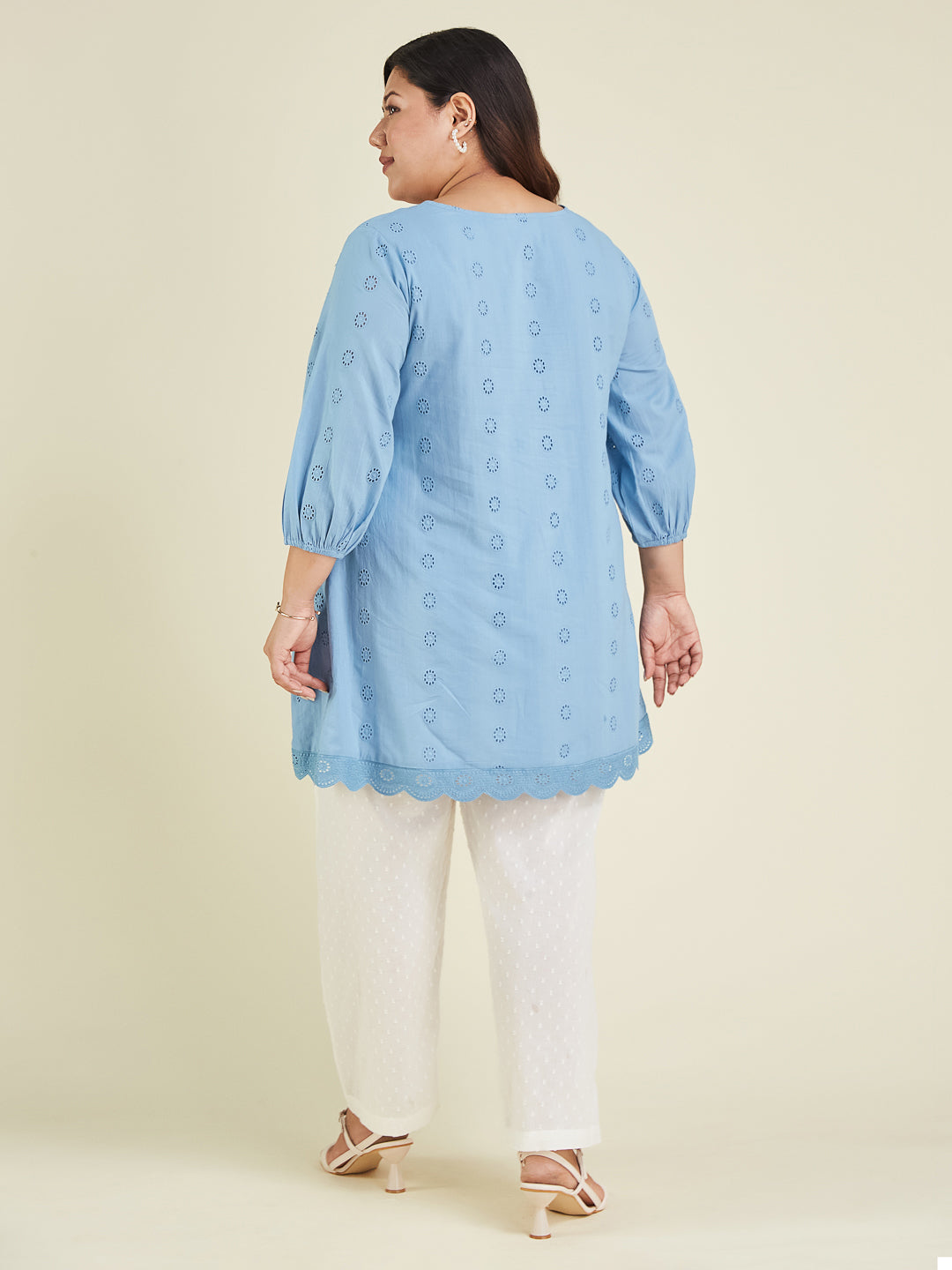 Naari By Shree Women's Plus Size Light Blue Pure Cotton Schiffli Embroidered A-line Tunic