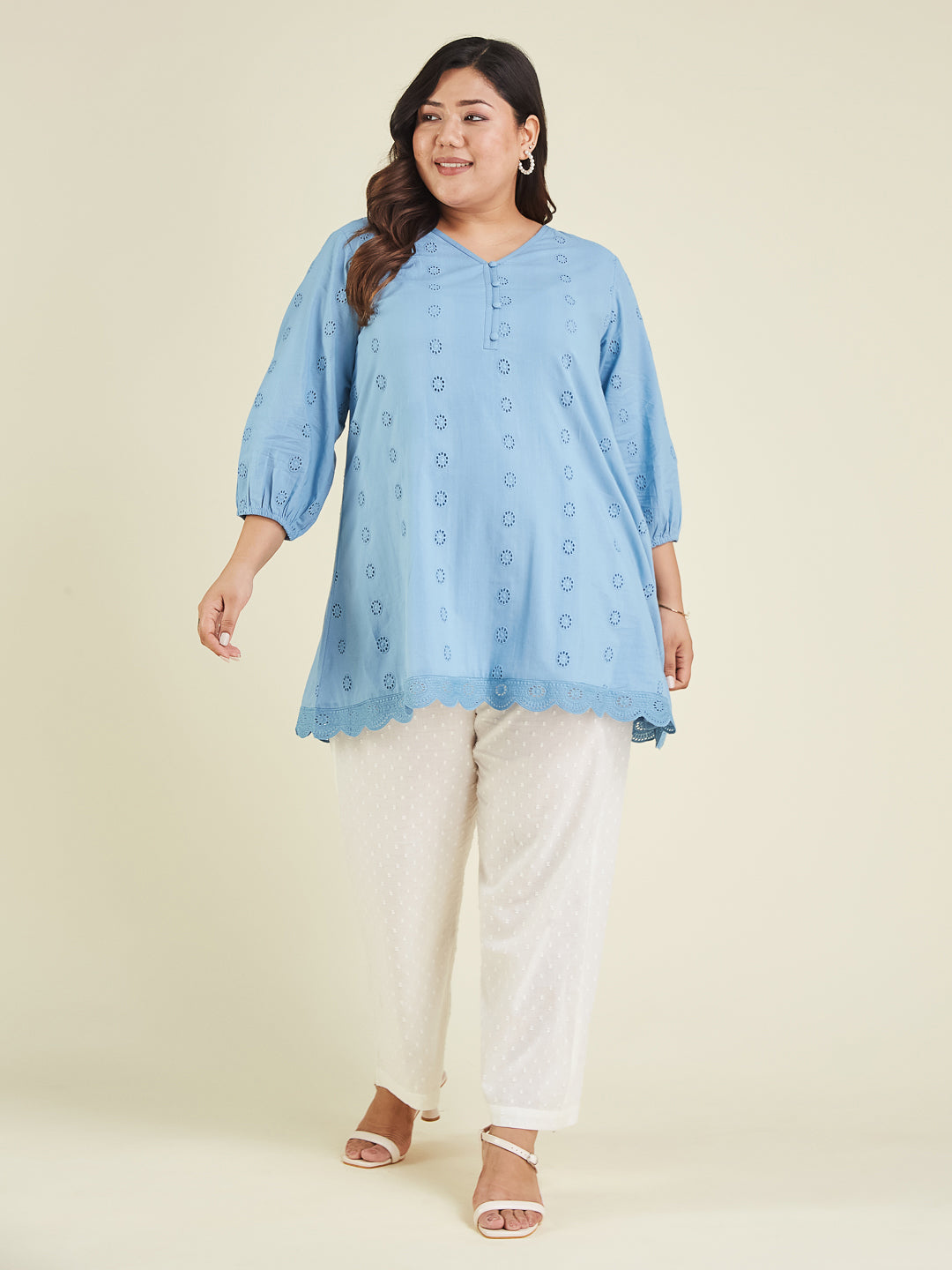 Naari By Shree Women's Plus Size Light Blue Pure Cotton Schiffli Embroidered A-line Tunic