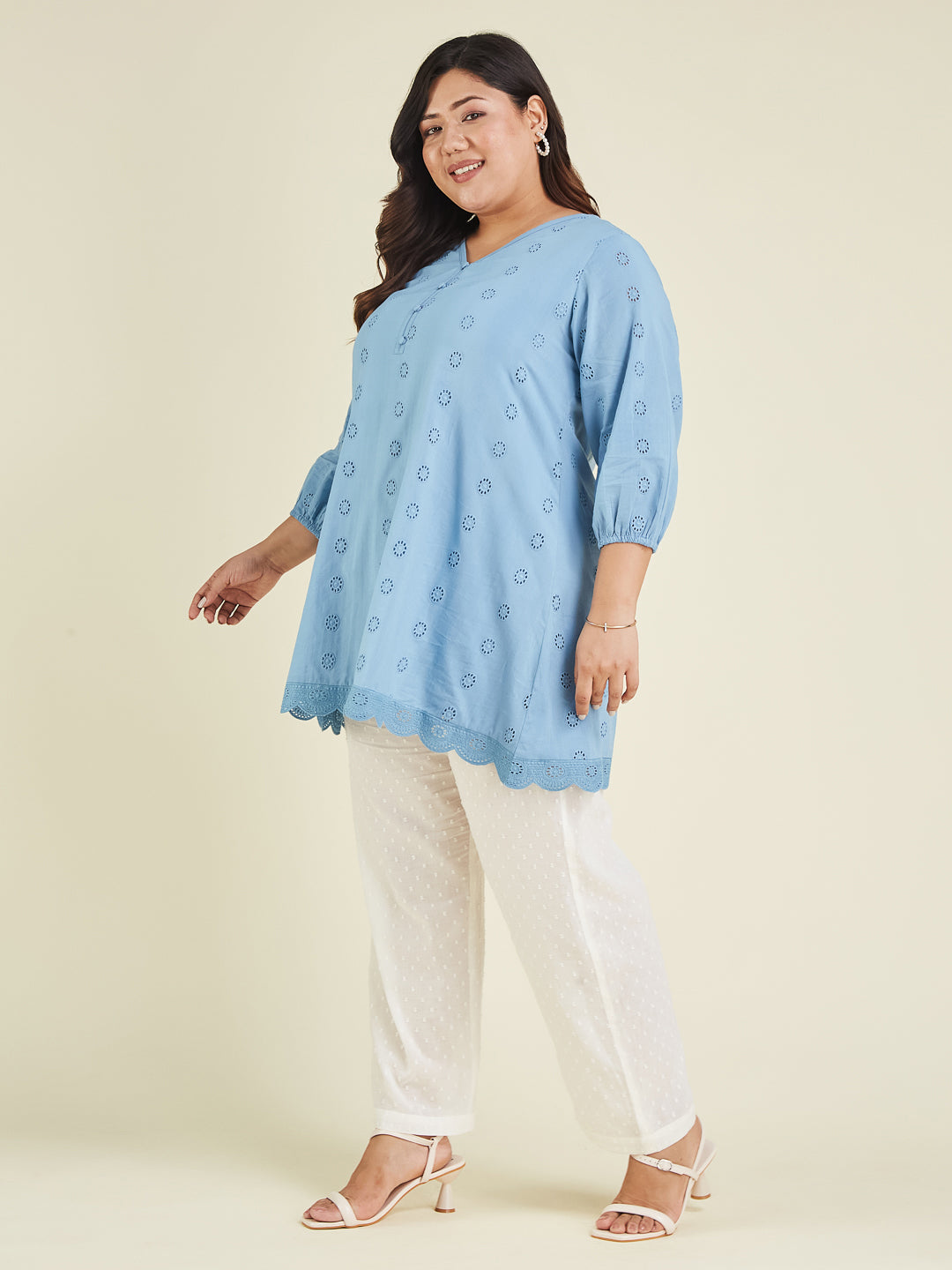 Naari By Shree Women's Plus Size Light Blue Pure Cotton Schiffli Embroidered A-line Tunic