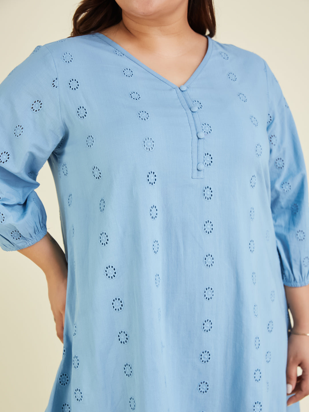 Naari By Shree Women's Plus Size Light Blue Pure Cotton Schiffli Embroidered A-line Tunic