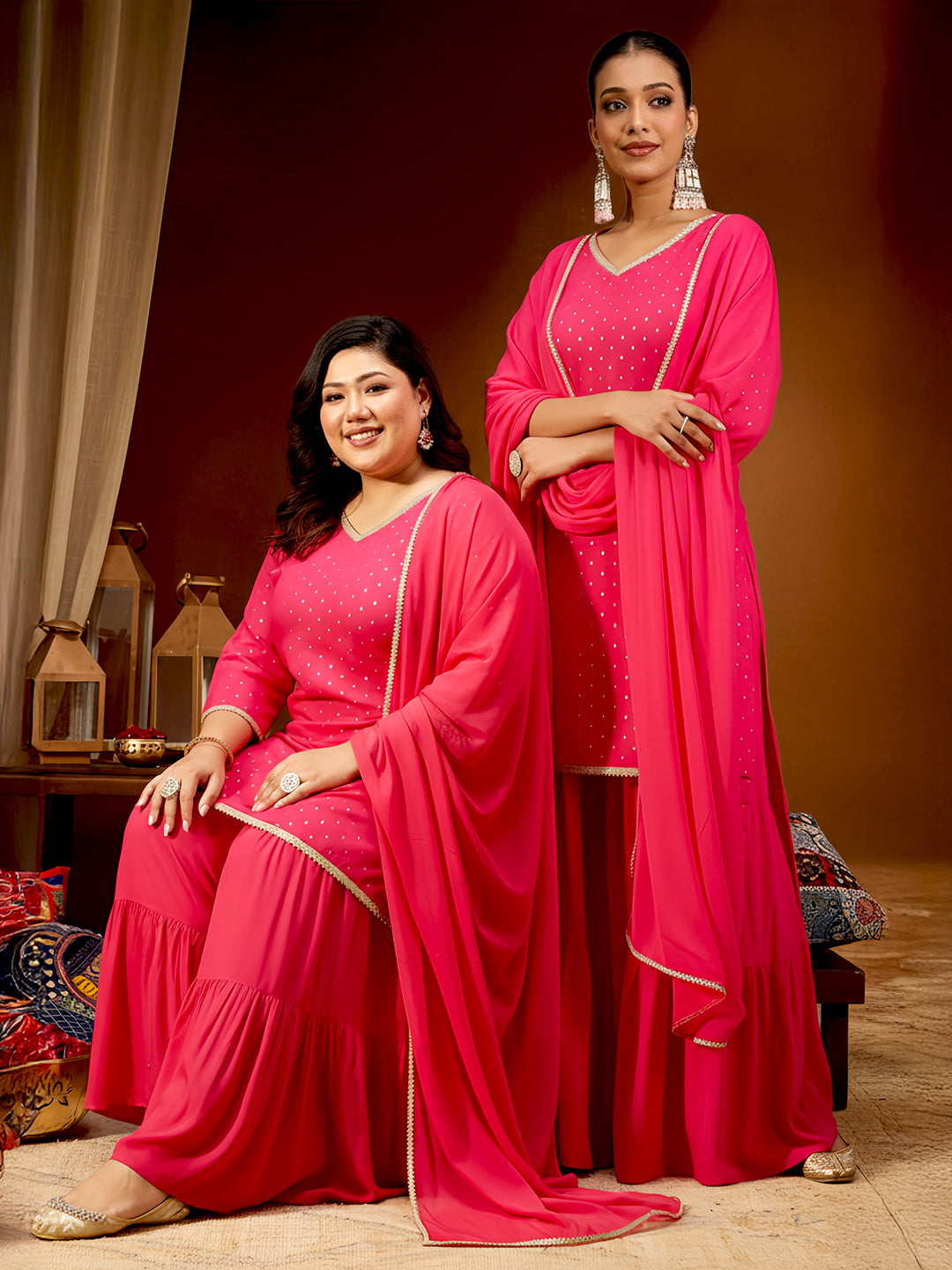 Naari By Shree Women's Plus Size Pink Rayon Embellished Gold Printed Straight Kurta With Sharara & Dupatta Set