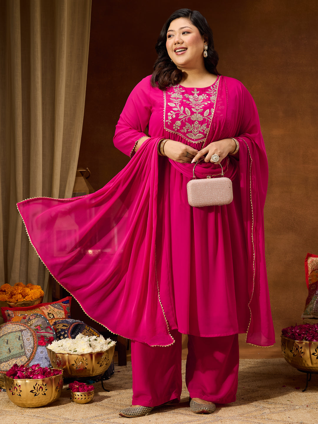 Naari By Shree Women's Plus Size Pink Georgette Yoke Zari Embroidered A-line Kurta Set