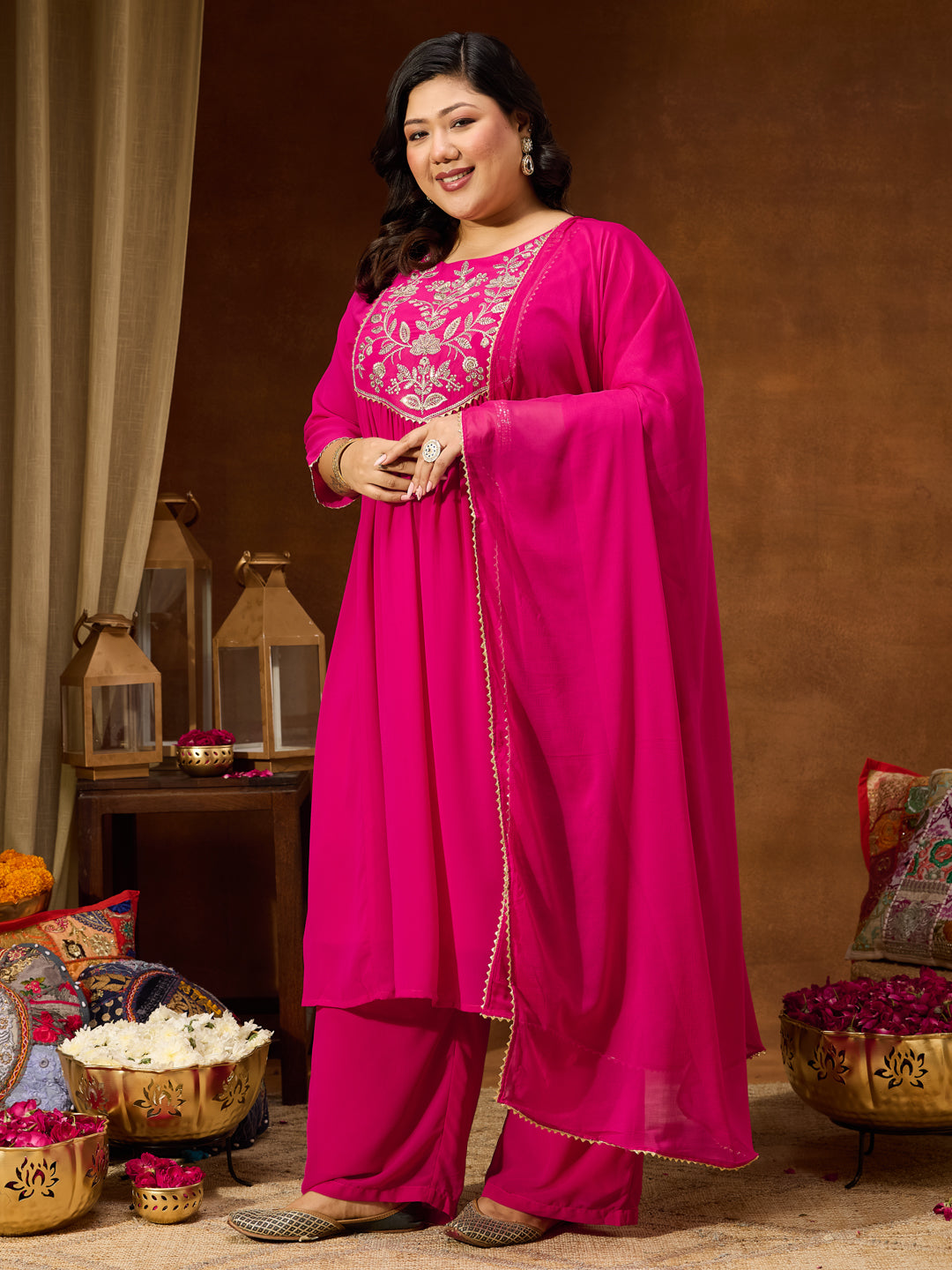 Naari By Shree Women's Plus Size Pink Georgette Yoke Zari Embroidered A-line Kurta Set