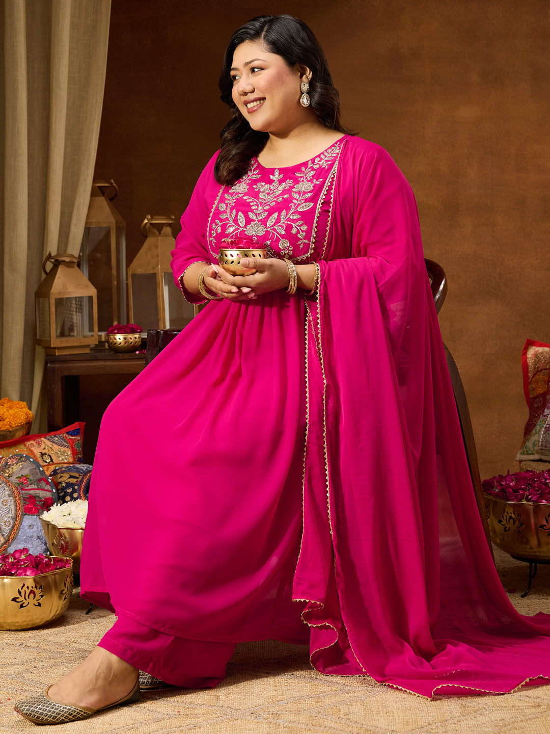 Naari By Shree Women's Plus Size Pink Georgette Yoke Zari Embroidered A-line Kurta Set