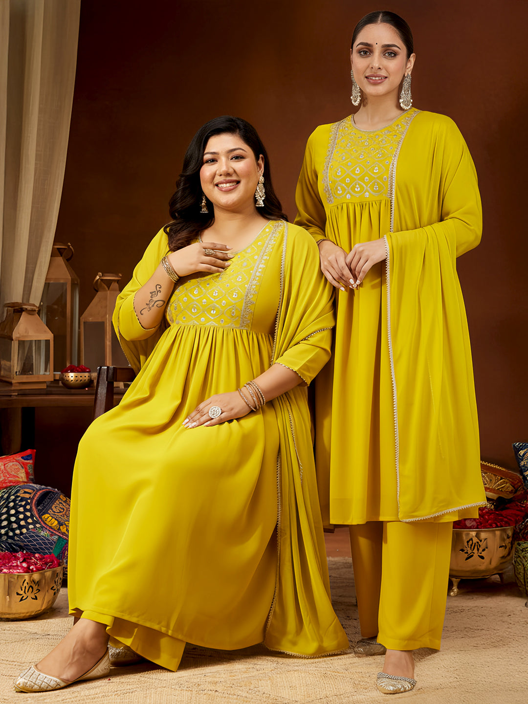 Naari By Shree Women's Mustard Georgette Zari Yoke Embroidery A-line Kurta With Palazzo & Dupatta Set