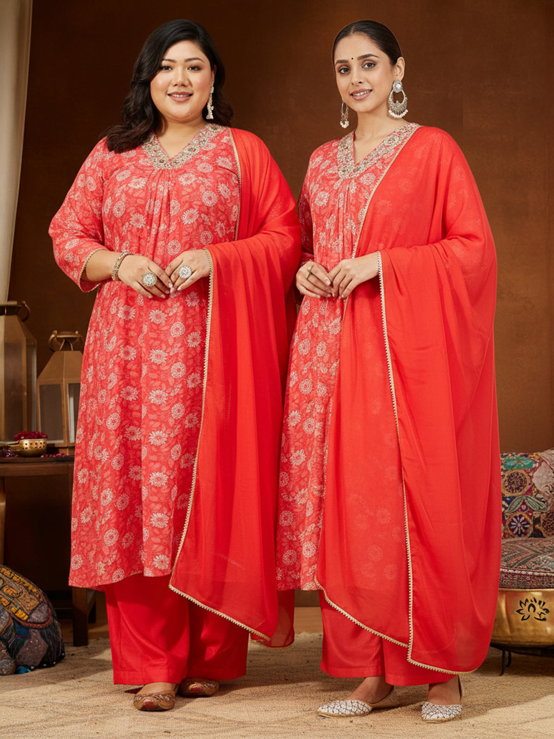 Naari By Shree Women's Plus Size Red Georgette Embellished Floral Printed A-line Kurta Set