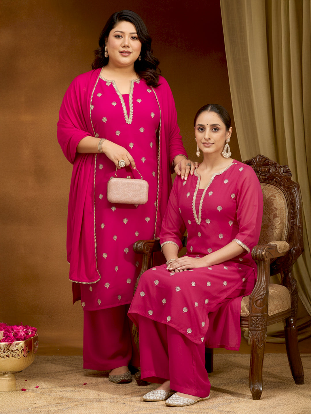 Naari By Shree Women's Plus Size Pink Georgette Embellished Sraight Kurta With Palazzo & Dupatta Set