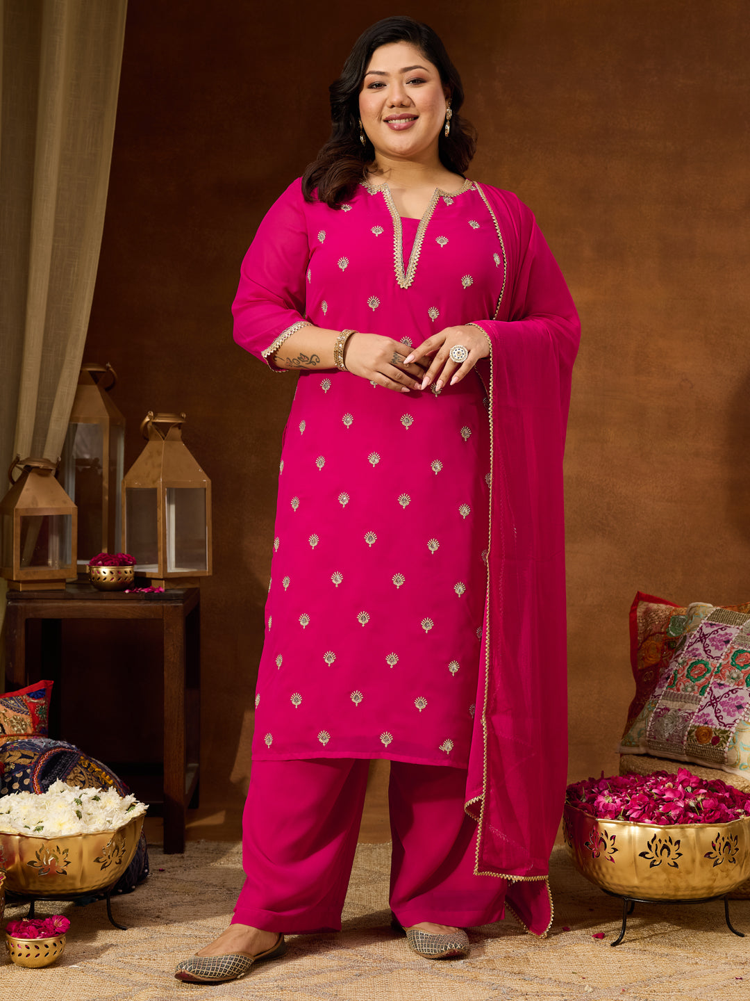Naari By Shree Women's Plus Size Pink Georgette Embellished Sraight Kurta With Palazzo & Dupatta Set