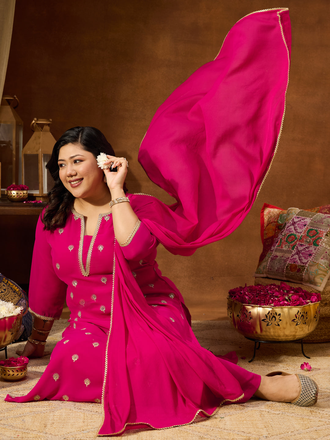 Naari By Shree Women's Plus Size Pink Georgette Embellished Sraight Kurta With Palazzo & Dupatta Set