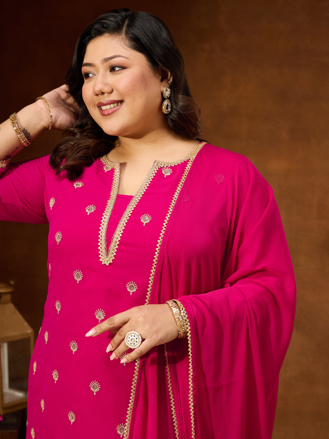 Naari By Shree Women's Plus Size Pink Georgette Embellished Sraight Kurta With Palazzo & Dupatta Set