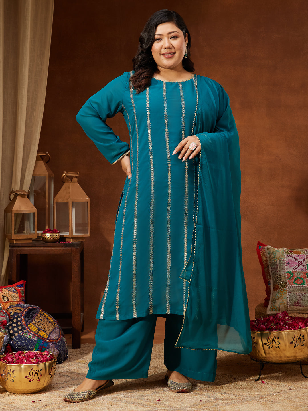 Naari By Shree Women's Plus Size Sea Green Georgette Embellished Straight Kurta With Palazzo & Dupatta Set