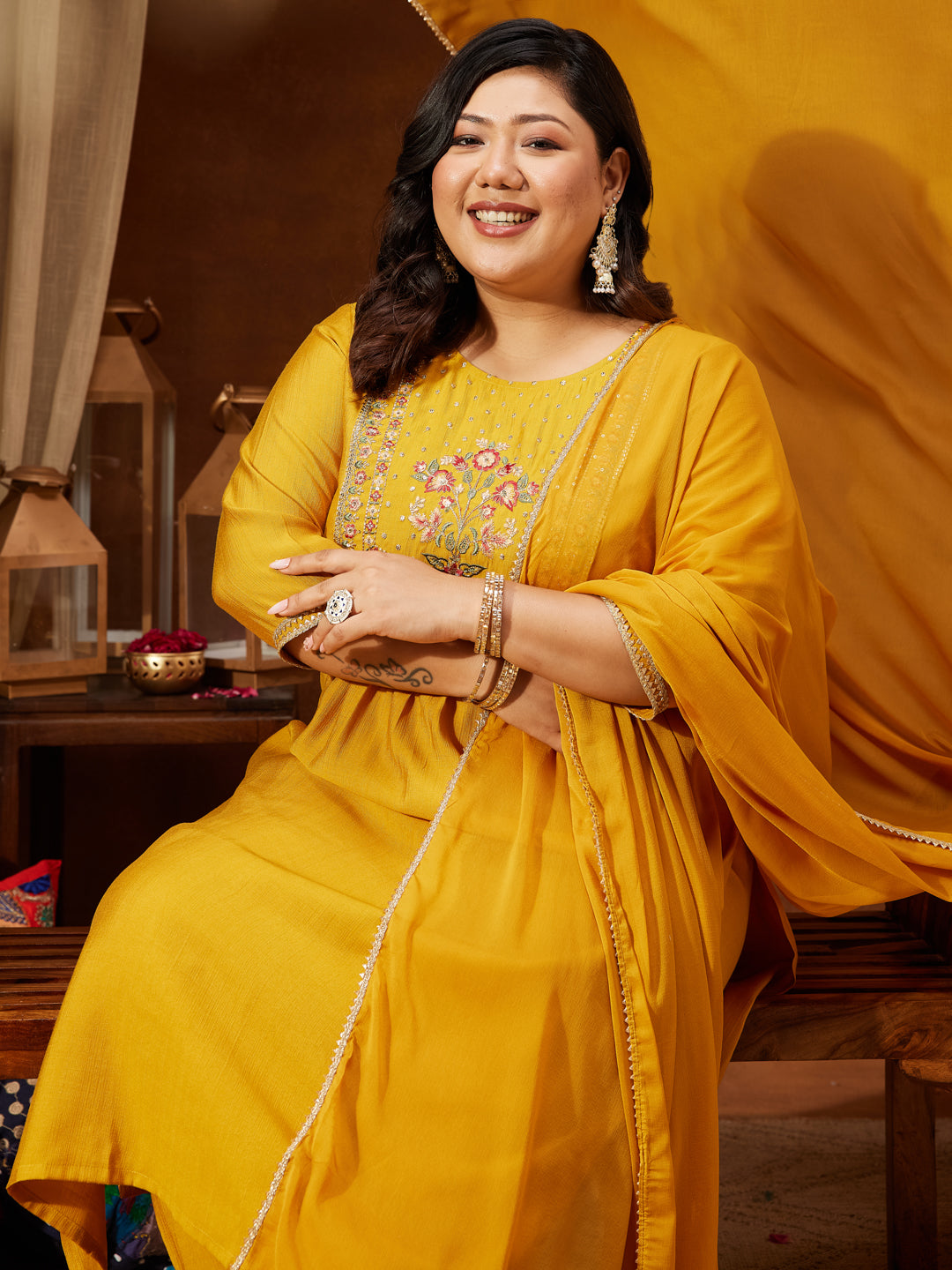 Naari By Shree Women's Plus Size Mustard Silk Blend Embroidered Straight Kurta Set