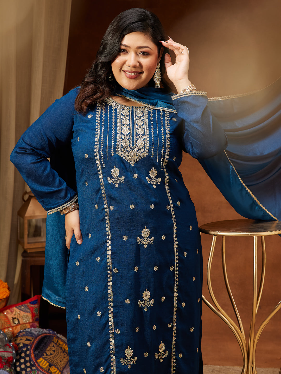 Naari By Shree Women's Plus Size Teal Blue Silk Blend Zari Embroidered Straight Kurta Set