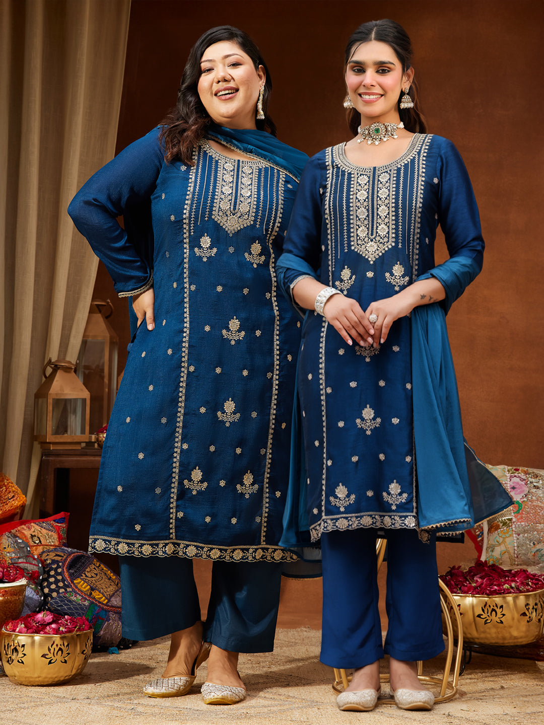 Naari By Shree Women's Plus Size Teal Blue Silk Blend Zari Embroidered Straight Kurta Set