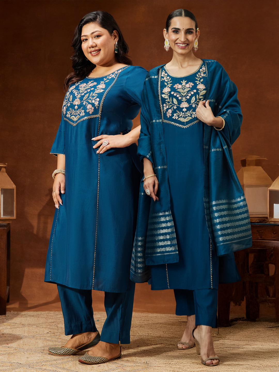 Naari By Shree Women's Teal Blue Chanderi Silk Yoke Embroidered Straight Kurta Set