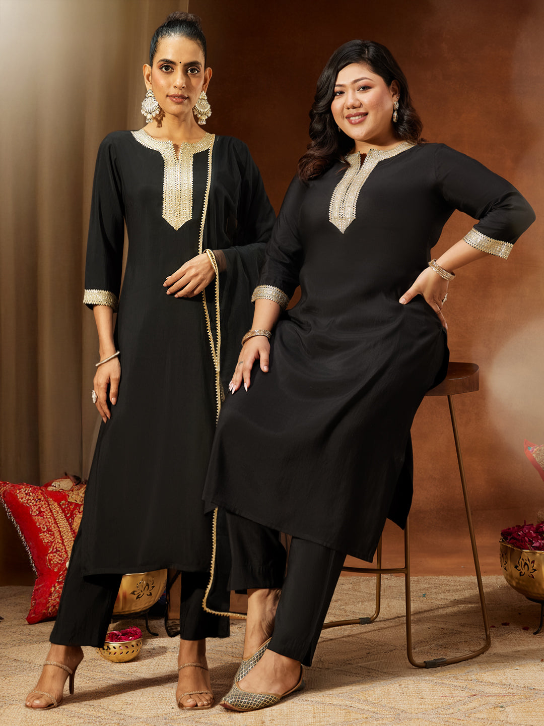 Naari By Shree Women's Black Chanderi Silk Yoke Design Straight Kurta Set