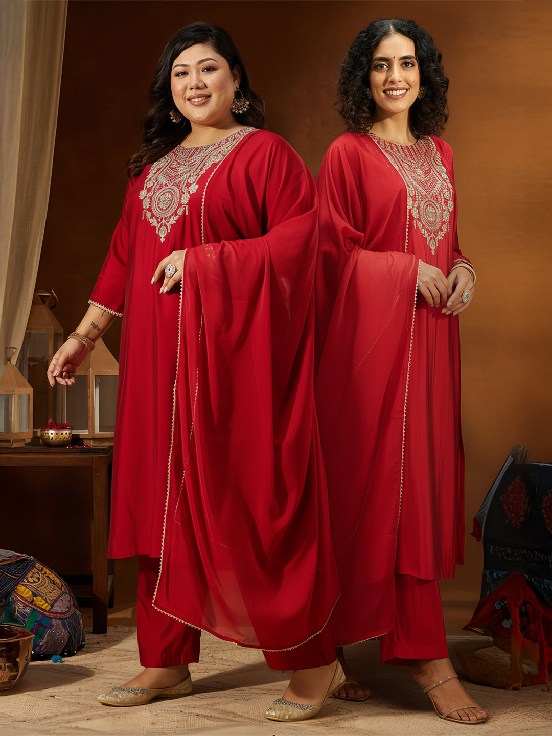 Naari By Shree Women's Plus Size Maroon Chanderi Silk Yoke Embroidered Straight Kurta Set