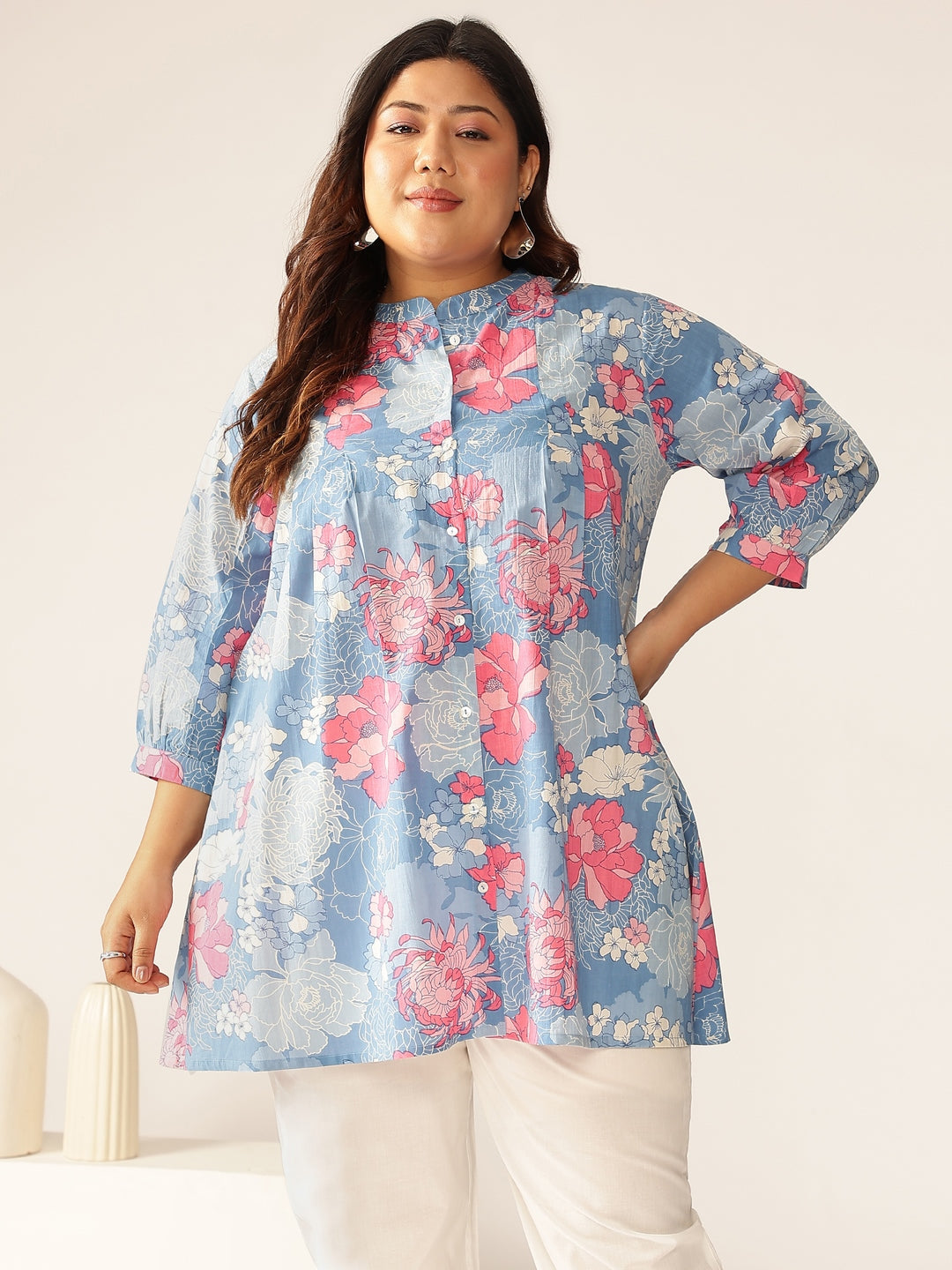 Naari By Shree Plus Size Blue Pure Cotton Floral Printed A-line Tunic