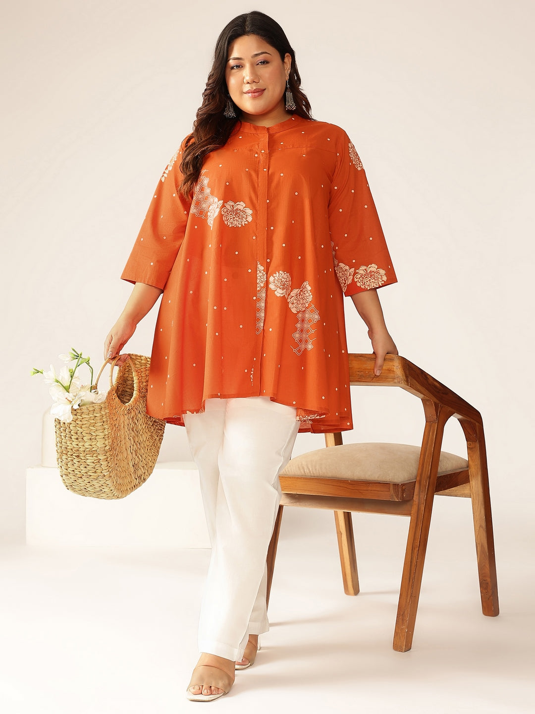 Naari By Shree Plus Size Orange Pure Cotton Floral Printed A-line Tunic