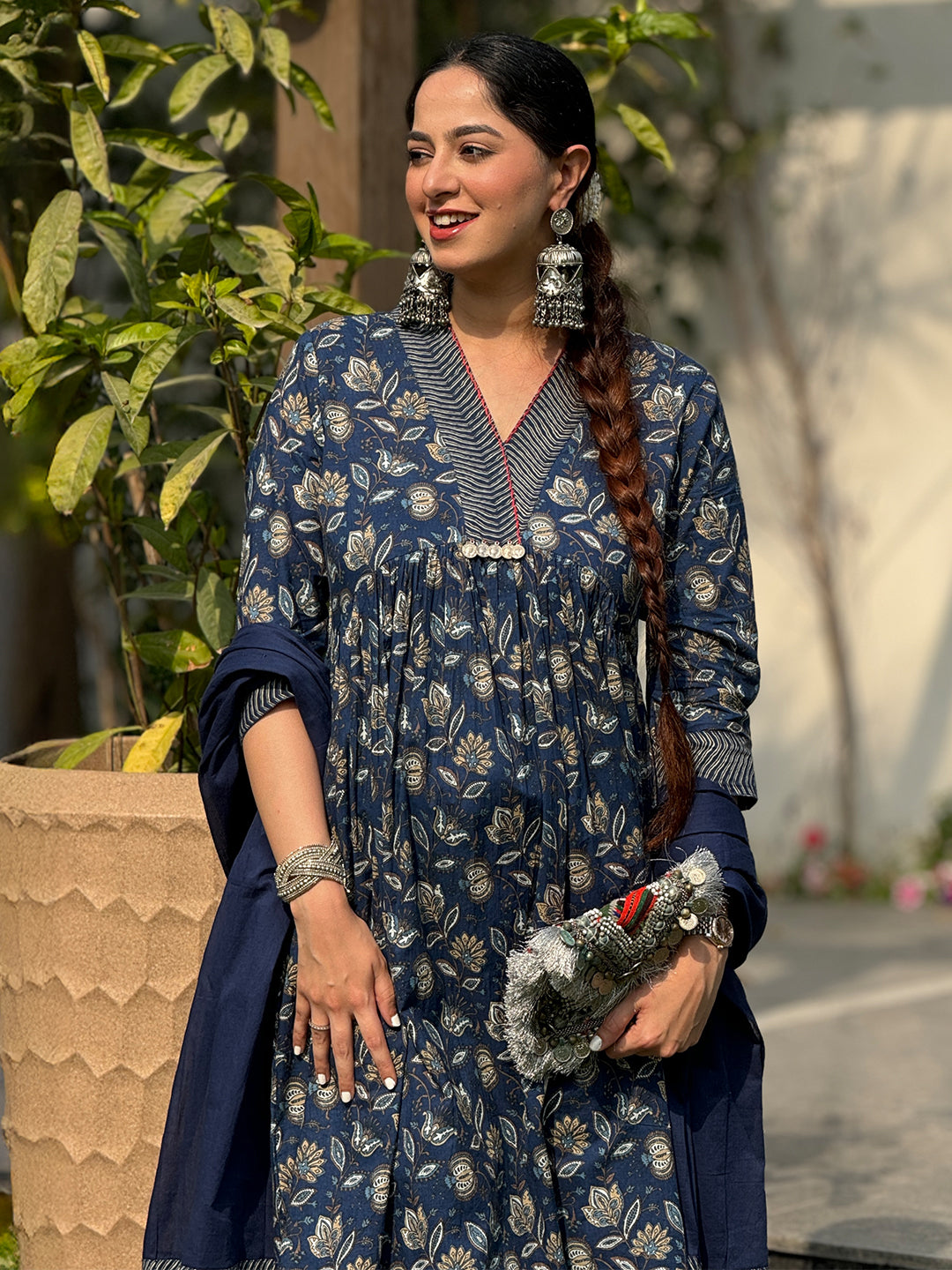 Naari By Shree Navy Blue Pure Cotton Floral Printed A-line Kurta Pant With Dupatta Set