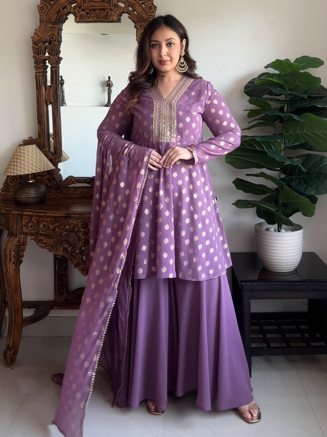 Naari By Shree Women's Purple Georgette Embellished Gold Printed A-line Kurta With Sharara & Dupatta Set