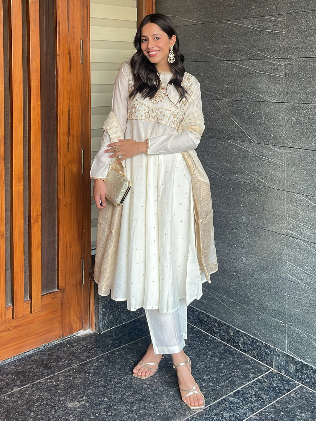 Naari By Shree Women's Off White Chanderi Silk Embroidered A-line Kurta Set