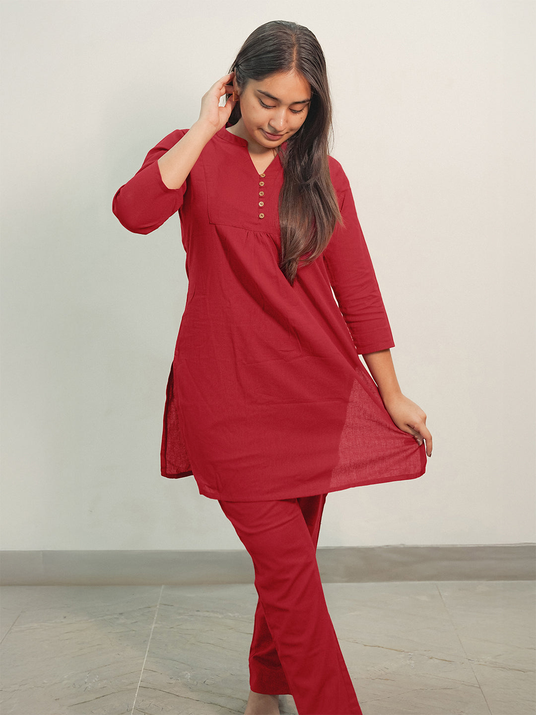 Naari By Shree Maroon Cotton Solid A-line Co-ord Set