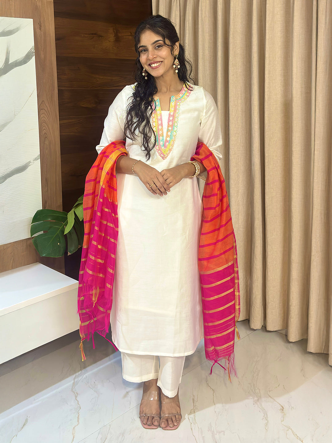 Naari By Shree Women's Off White Silk Blend Embellished Straight Kurta Set