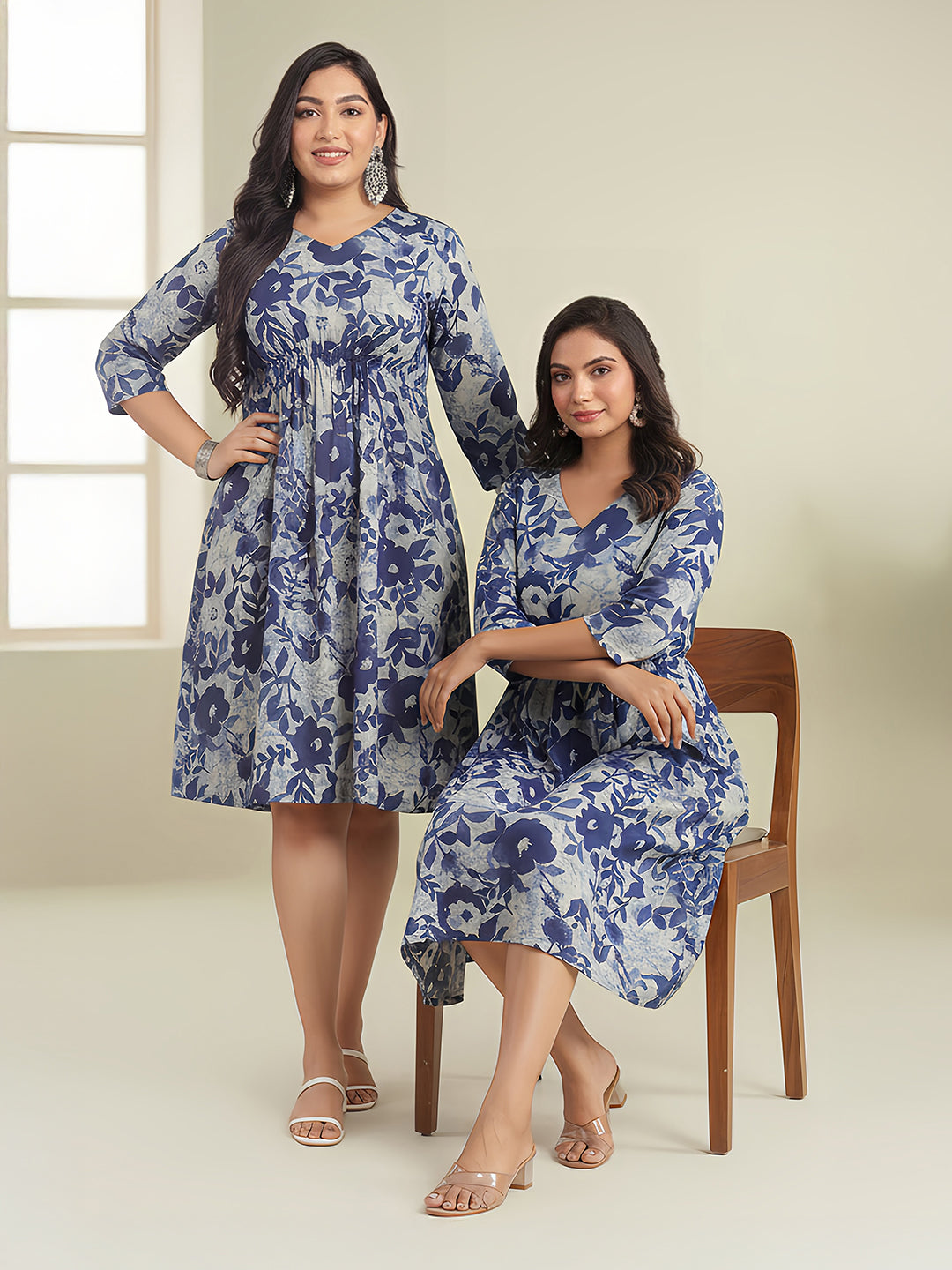 Naari By Shree Plus Size Indigo Cotton Floral Gathered Dress