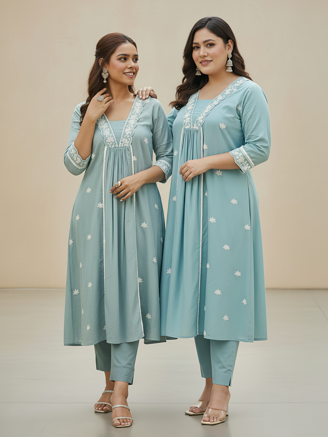 Naari By Shree Women's Plus Size Light Blue Pure Cotton Embroidered A-line Kurta Pant Set