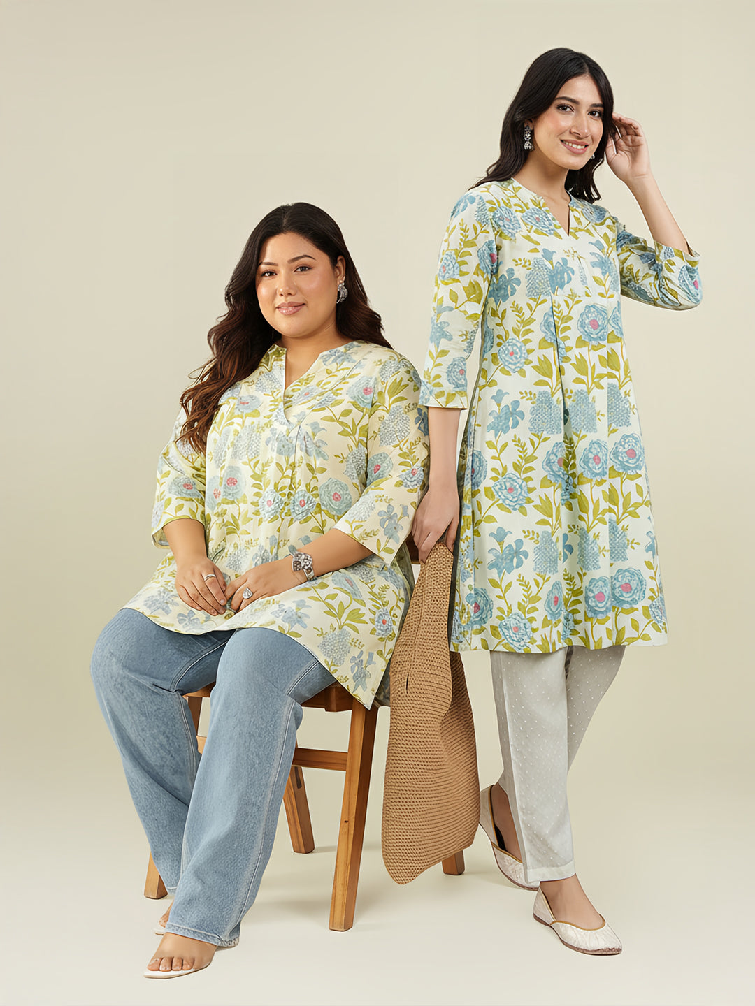 Naari By Shree Plus Size Off White Pure Cotton Floral Printed A-line Tunic