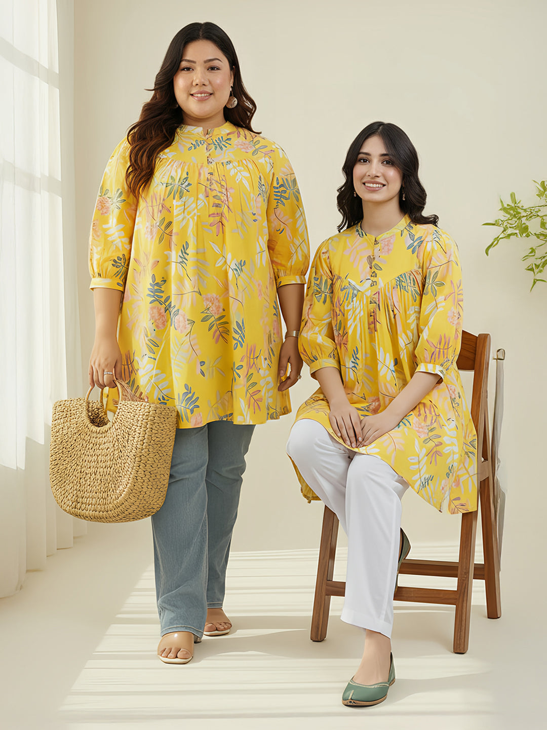 Naari By Shree Plus Size Yellow Pure Cotton Tropical Printed A-line Tunic