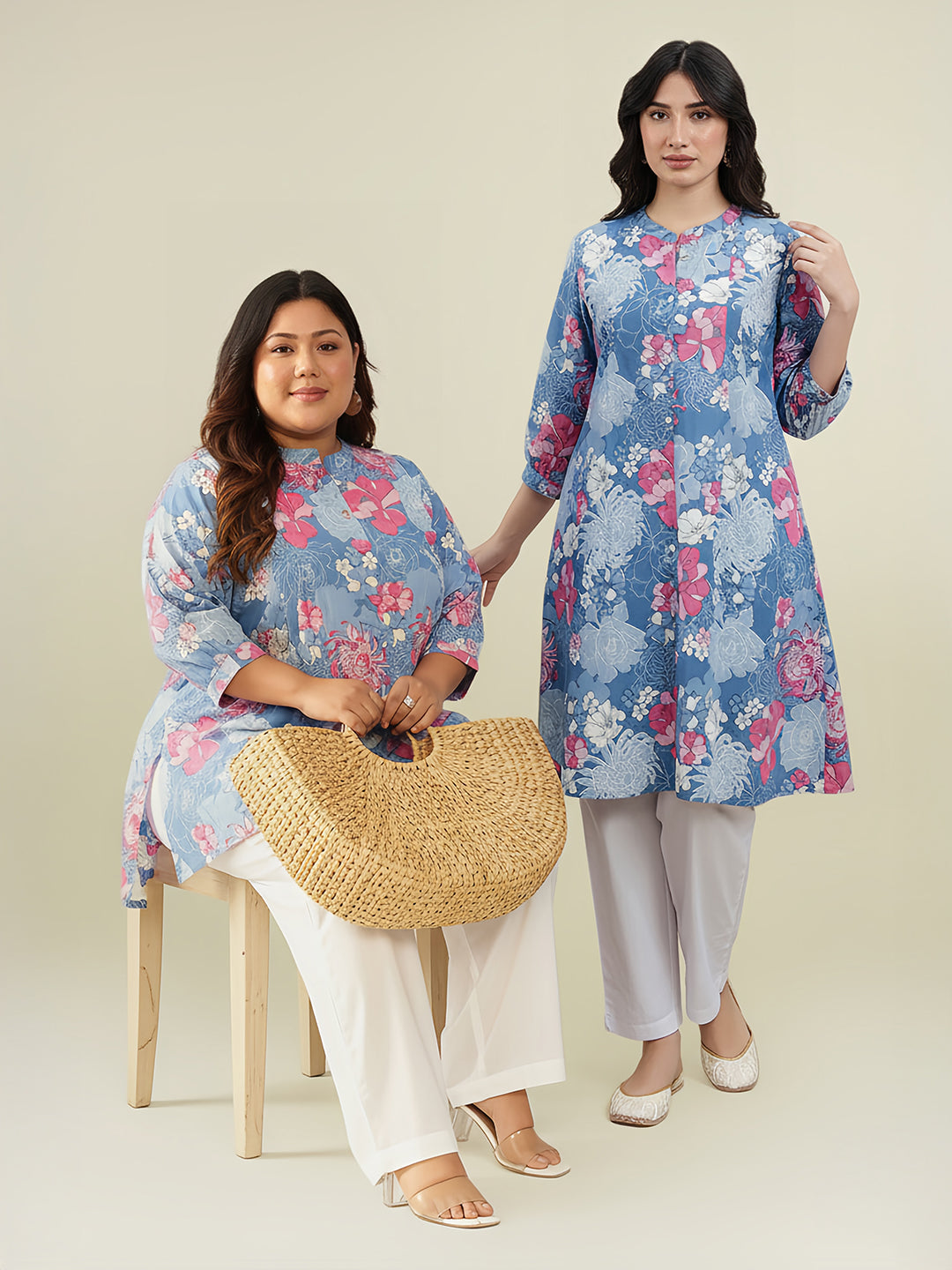 Naari By Shree Plus Size Blue Pure Cotton Floral Printed A-line Tunic