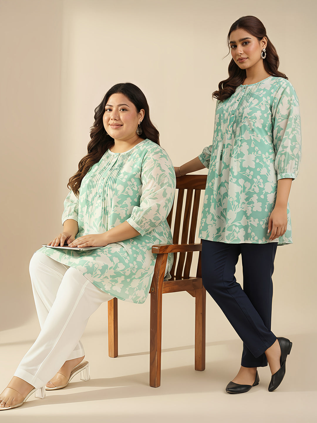 Naari By Shree Plus Size Green Georgette Floral Printed A-line Tunic