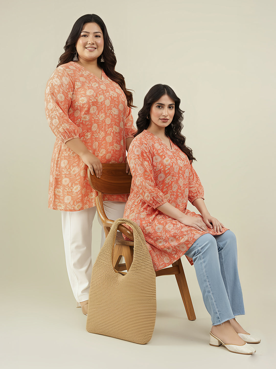 Naari By Shree Plus Size Peach Georgette Floral Printed A-line Tunic