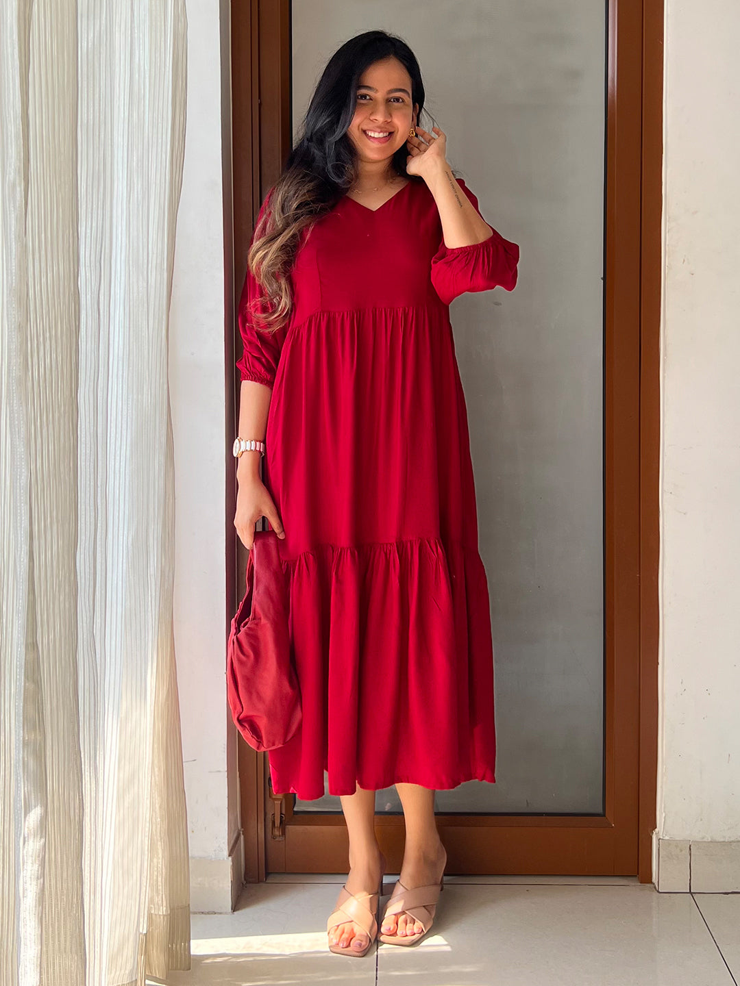 Naari By Shree Red Rayon Solid Tiered Dress