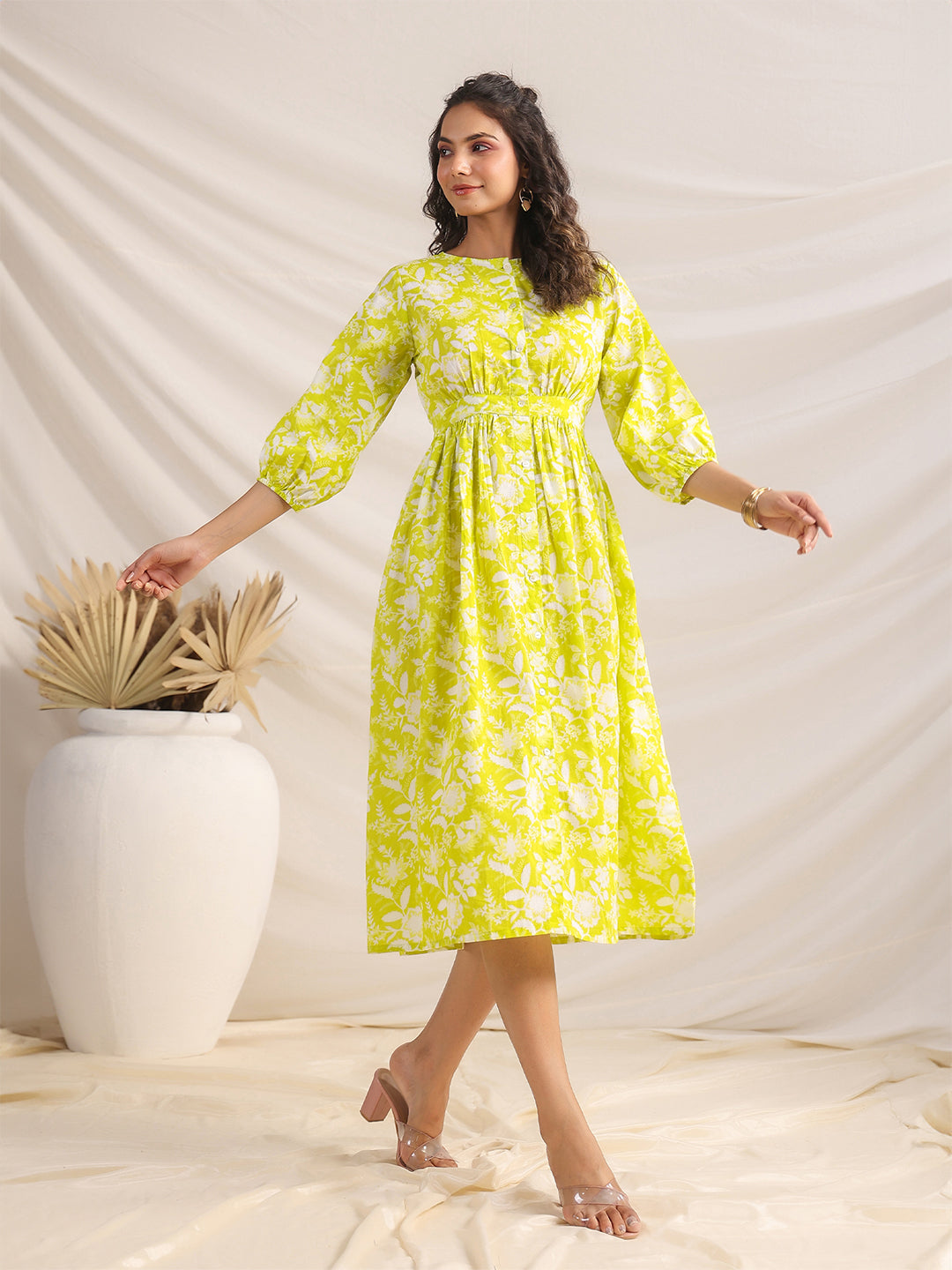 Naari By Shree Lime Cotton Floral Gathered Dress
