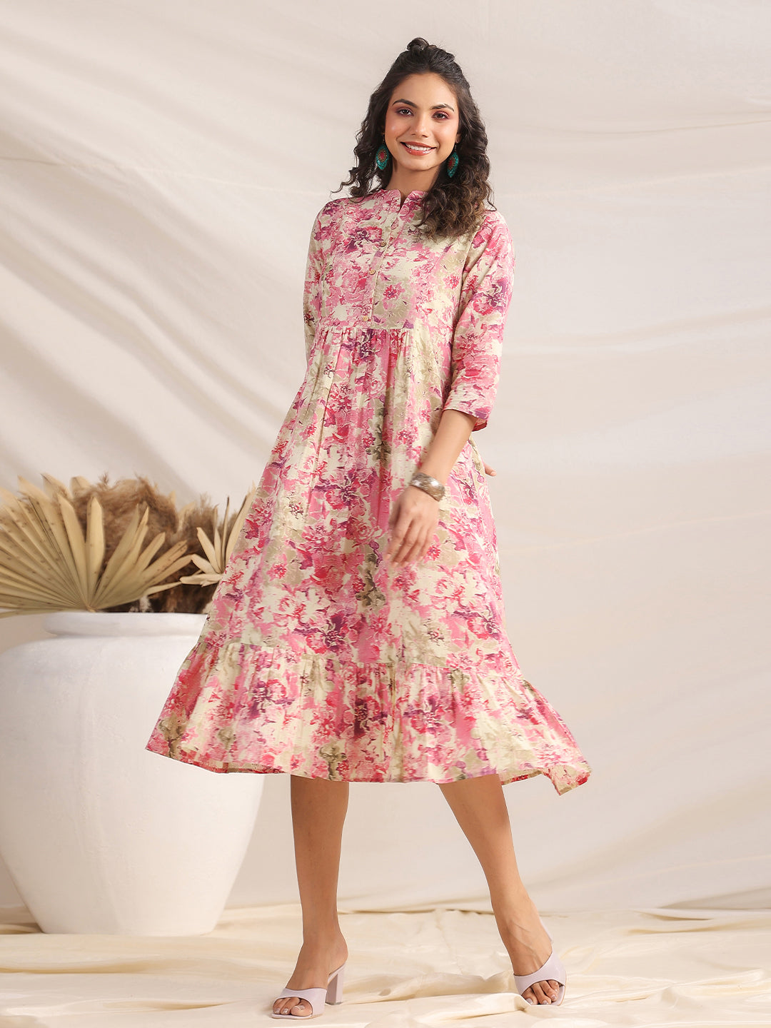 Naari By Shree Pink Cotton Abstract Gathered Dress