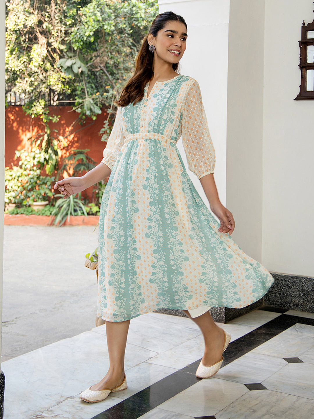 Naari By Shree Off White Dobby Georgette Floral Flared Dress