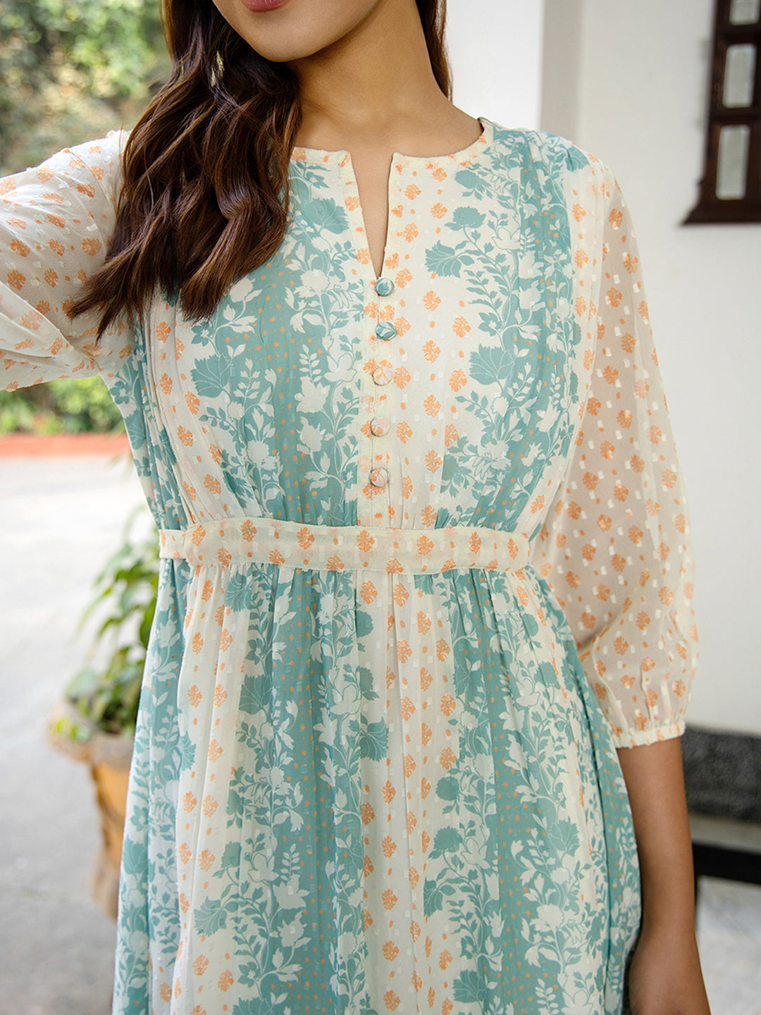 Naari By Shree Off White Dobby Georgette Floral Flared Dress