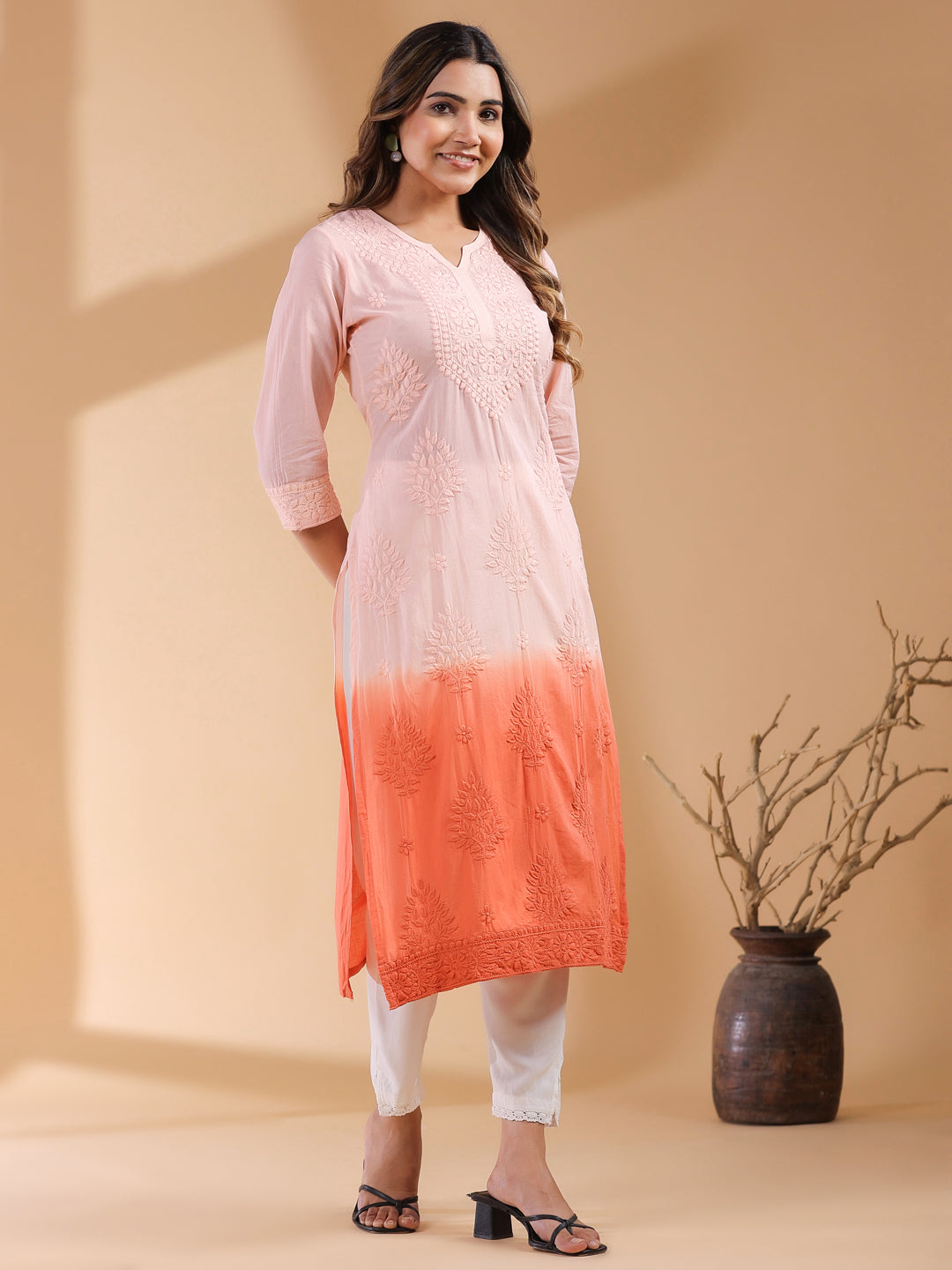 Naari By Shree Peach Ombre Pure Cotton Chikankari Embroidered Straight Kurta