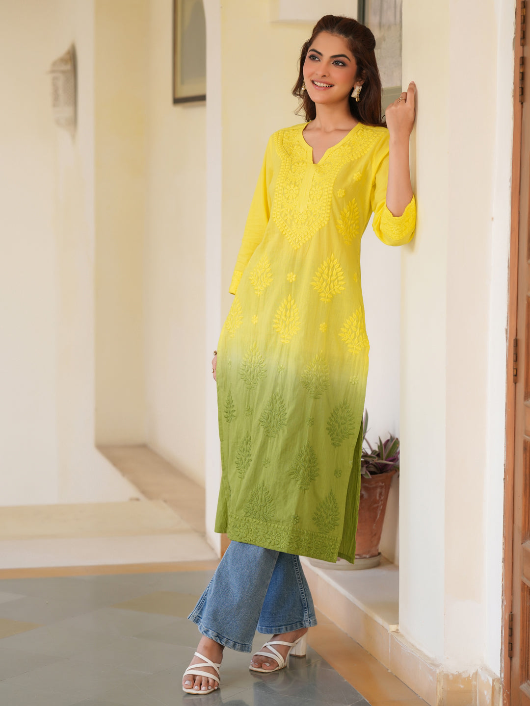 Naari By Shree Lime Yellow Pure Cotton Ombre Chikankari Embroidered Straight Kurta