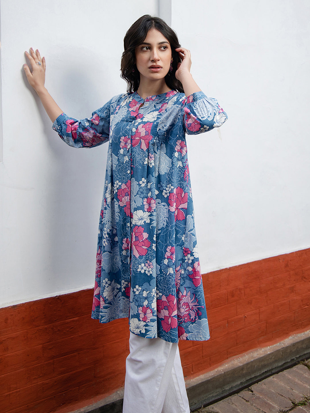 Naari By Shree Blue Cotton Floral A-Line Tunic