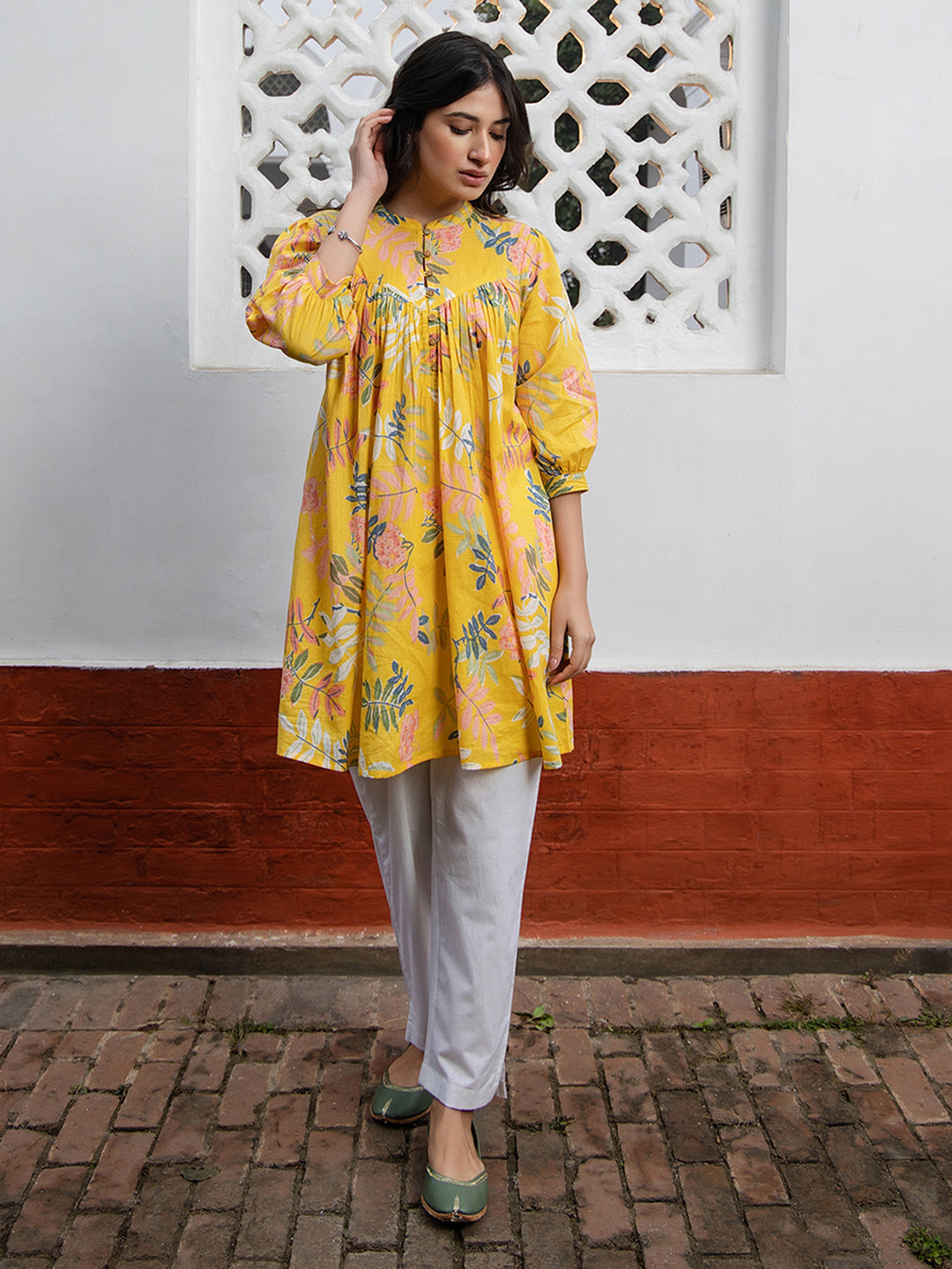 Naari By Shree Yellow Cotton Trophical Gathered Tunic