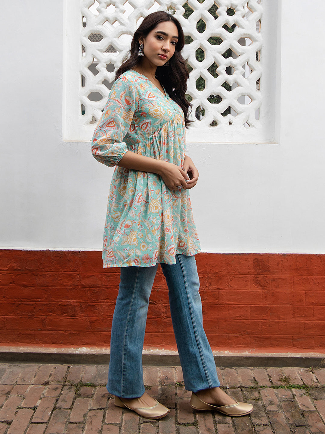 Naari By Shree Sea Blue Georgette Floral Gathered Tunic