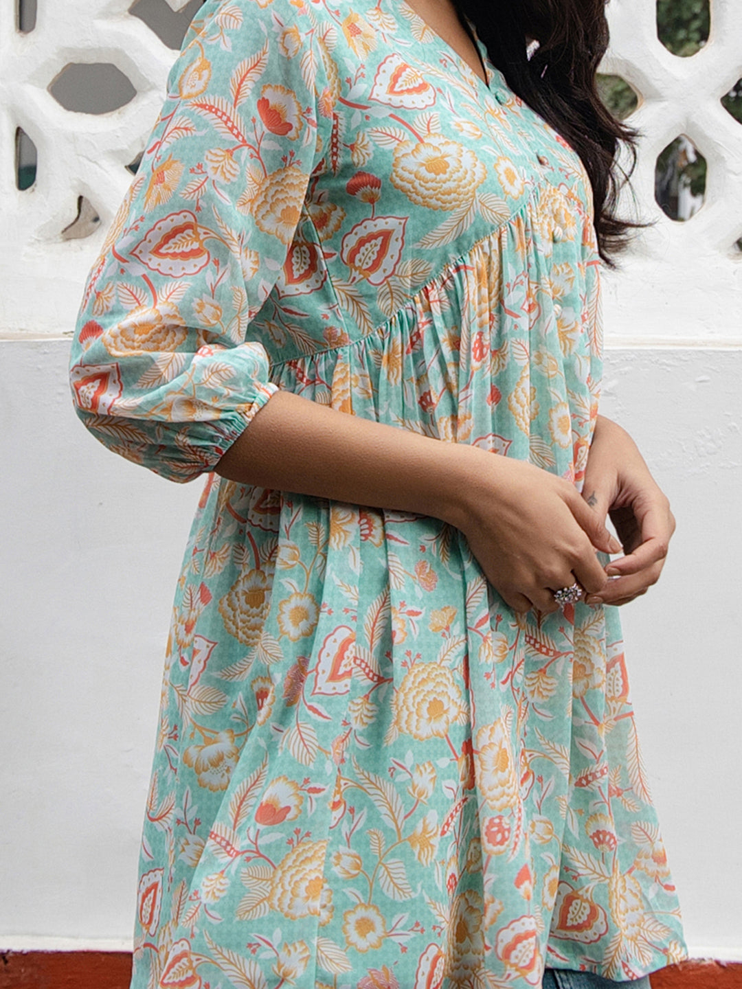 Naari By Shree Sea Blue Georgette Floral Gathered Tunic