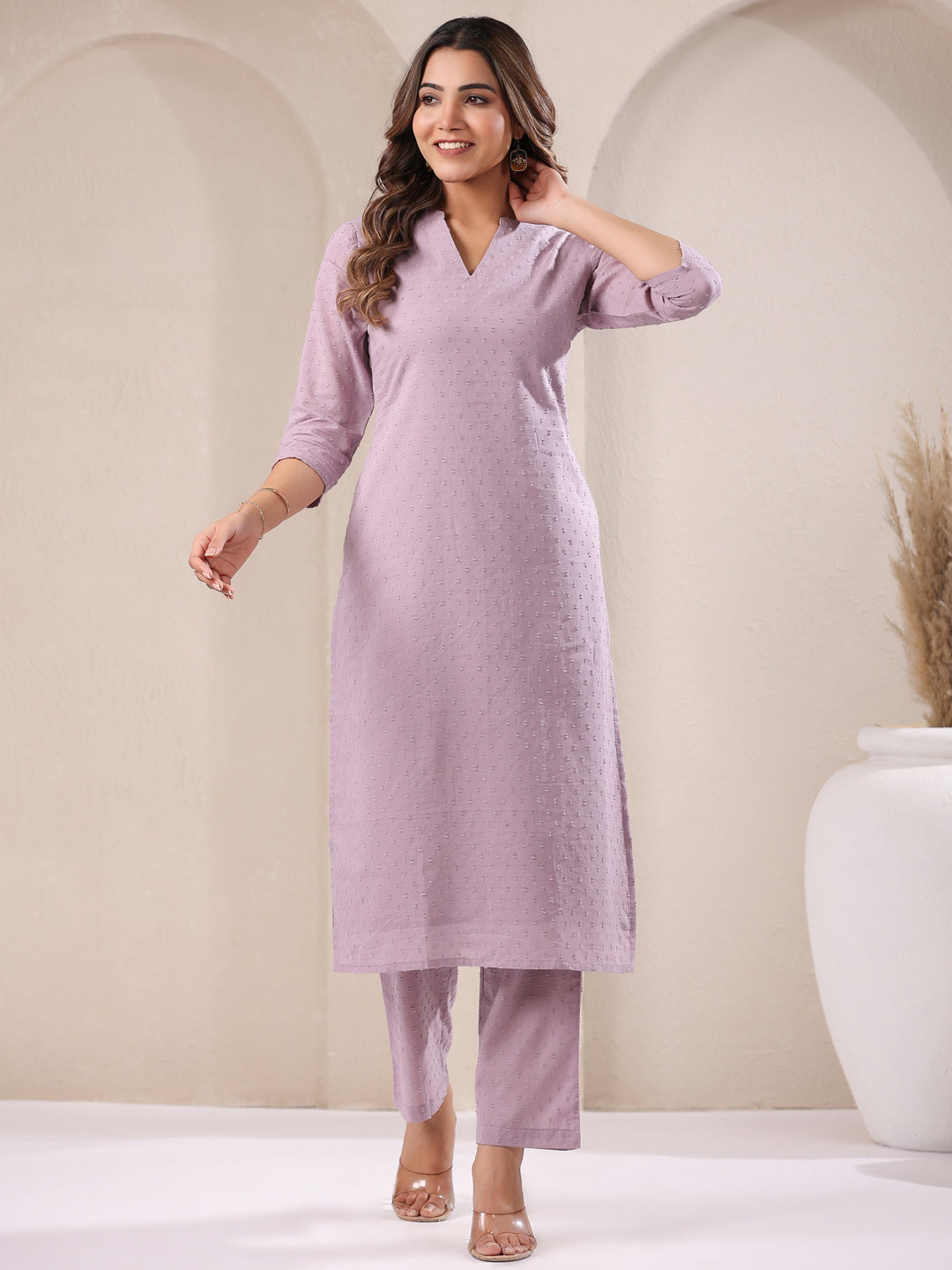 Naari By Shree Lavender Dobby Pure Cotton Self Design Straight Kurta Pant Set