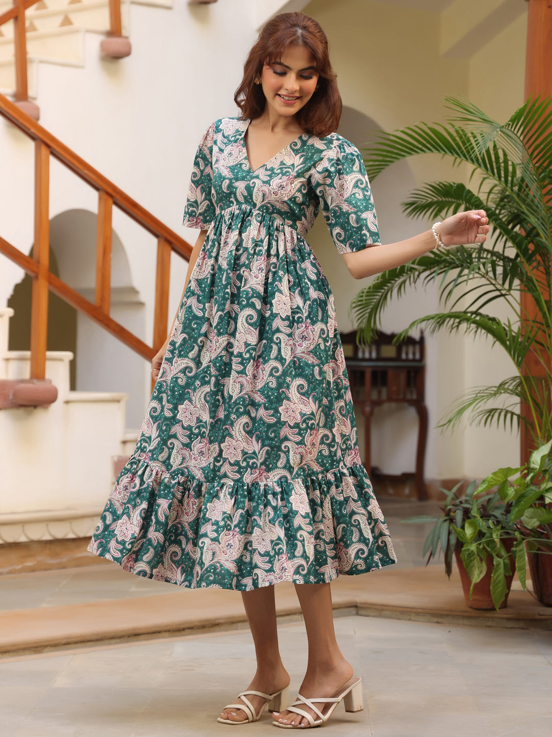 Naari By Shree Green Pure Cotton Printed Floral Tiered Dress
